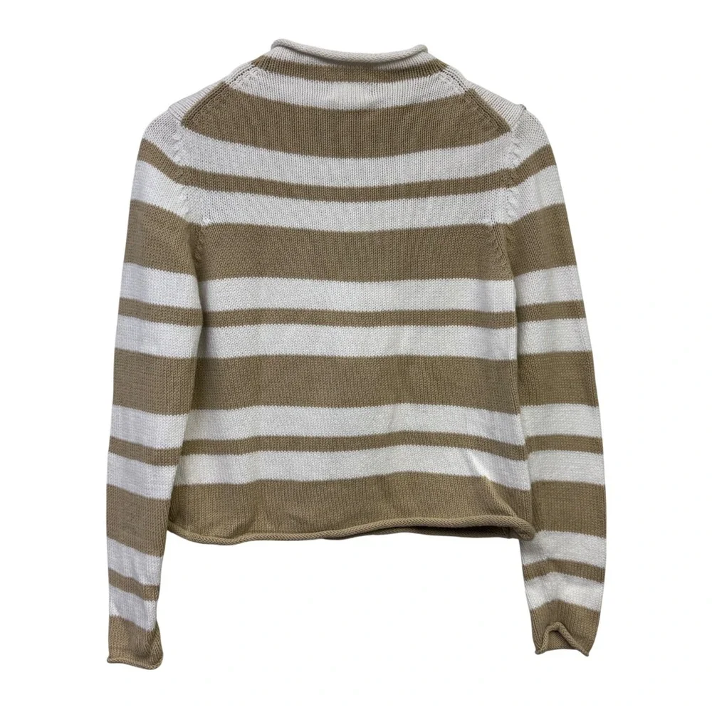 VTG LL Bean Women Roll Neck Sweater XS Tan White Striped 100% Cotton Nautical